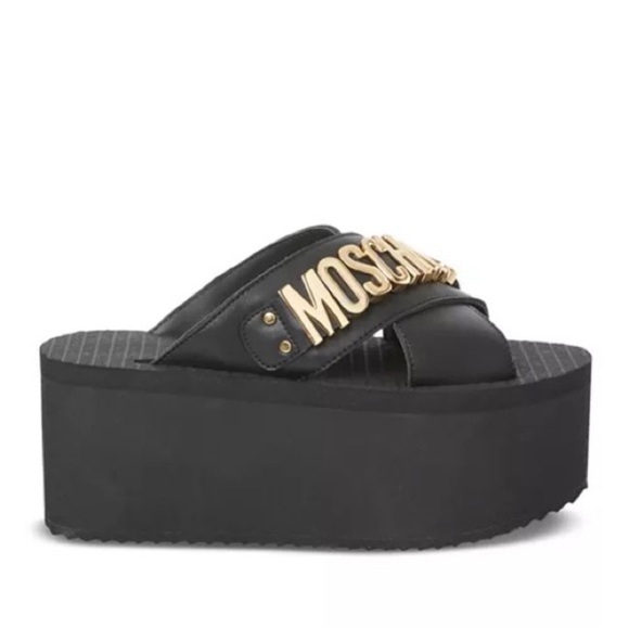 Moschino Black Logo Slide Sandals Gold MOSCHINO Hardware Designer Platform Slide - Picture 5 of 12